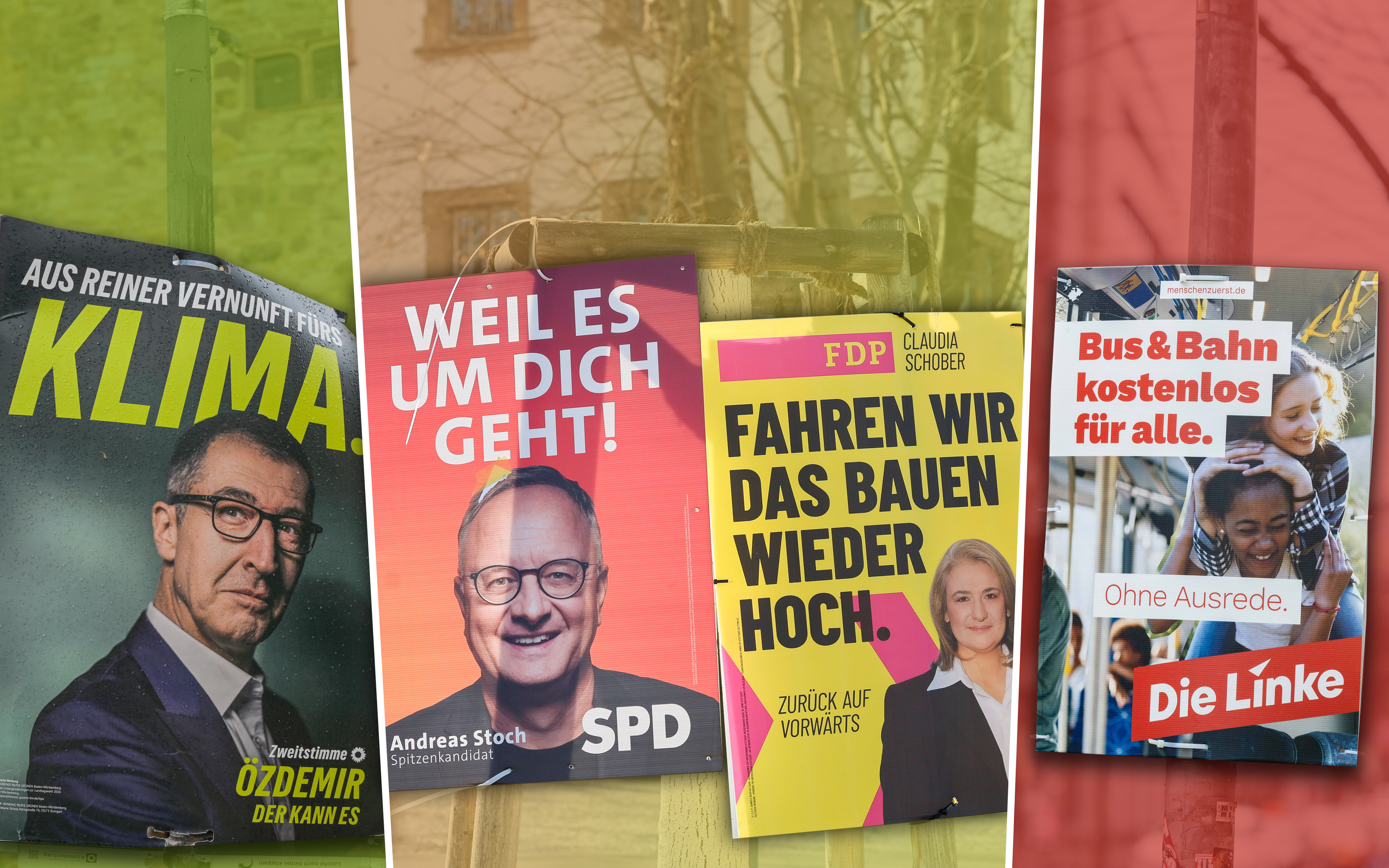 Wahlplakate von Grünen, SPD, FDP und Linkspartei zur Landtagswahl Baden-Württemberg 2026: