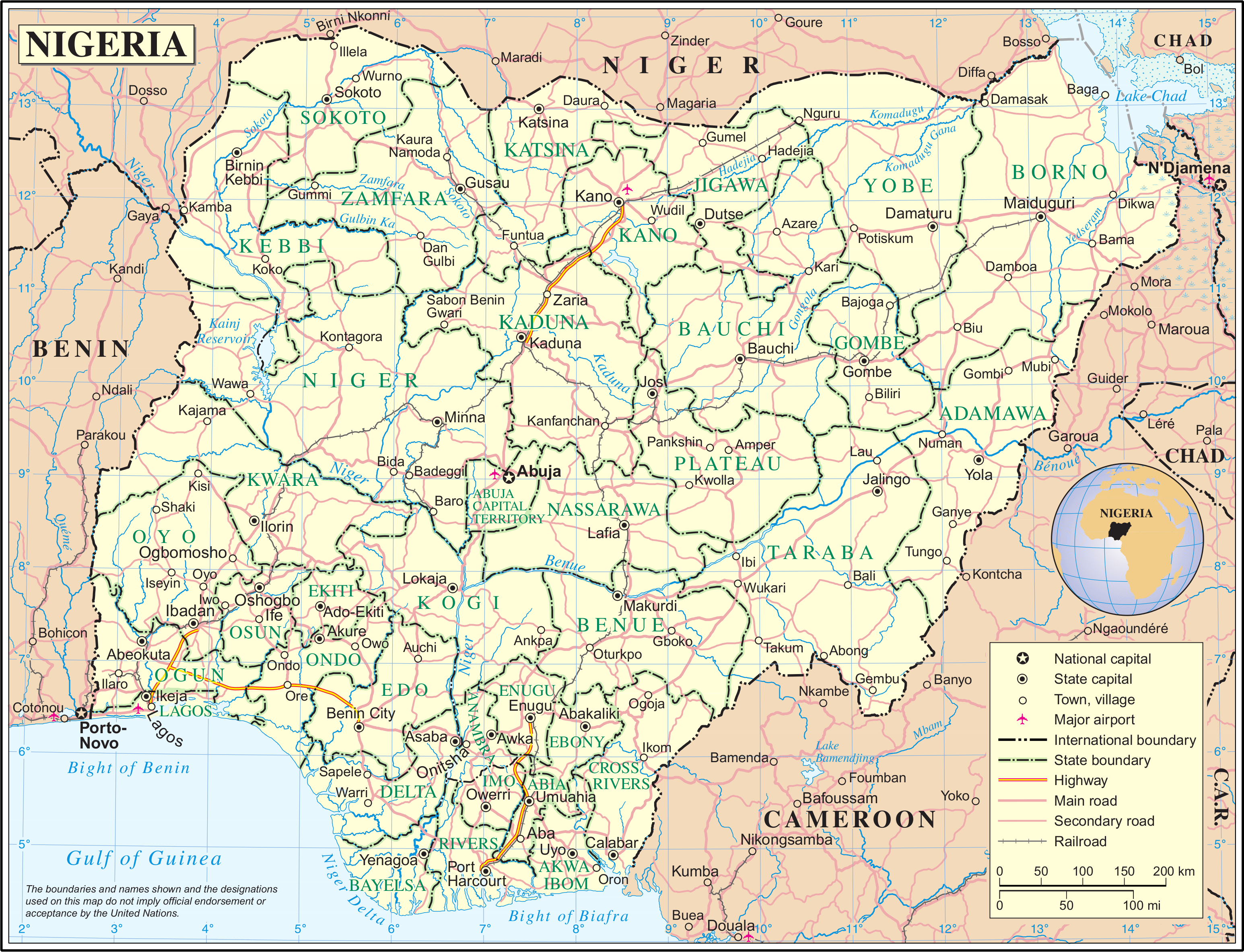 Die Bundesrepublik Nigeria, politisch, auf einer Karte der Vereinten Nationen Die Bundesrepublik Nigeria, politisch, auf einer Karte der Vereinten Nationen