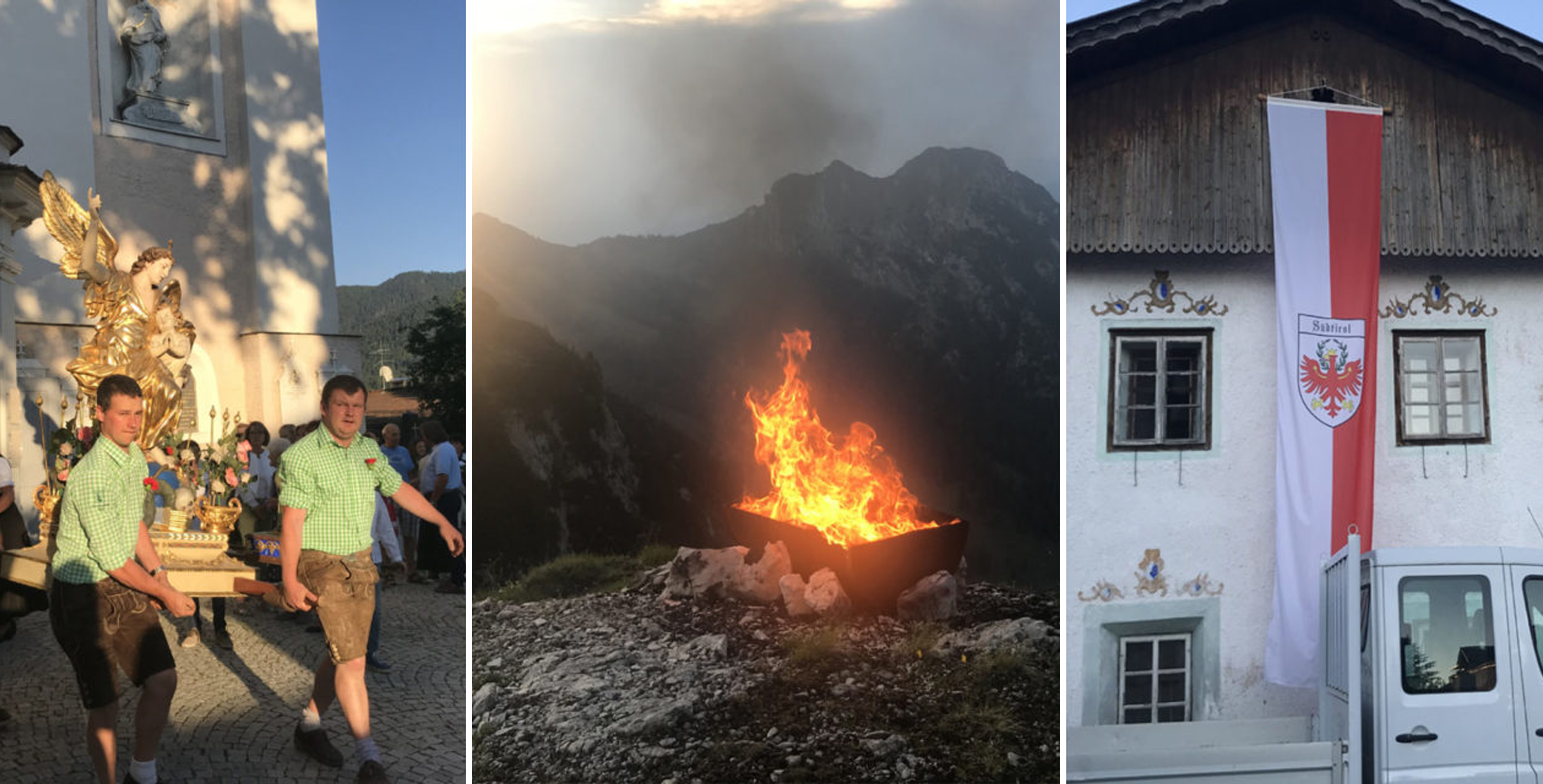 Beginn einer Herz-Jesu-Prozession und abendliches -Feuer im Südtiroler Hochpustertal Beginn einer Herz-Jesu-Prozession und abendliches -Feuer im Südtiroler Hochpustertal