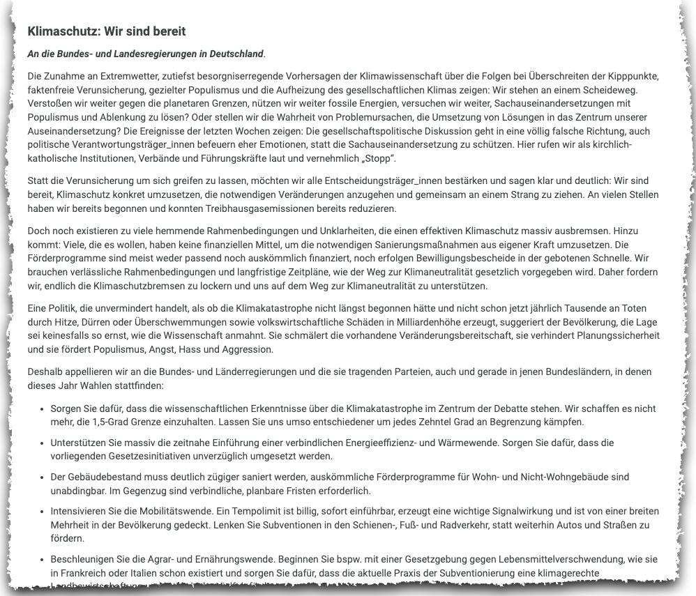Ausriss aus dem Appell „Klimaschutz: Wir sind bereit“ Ausriss aus dem Appell „Klimaschutz: Wir sind bereit“