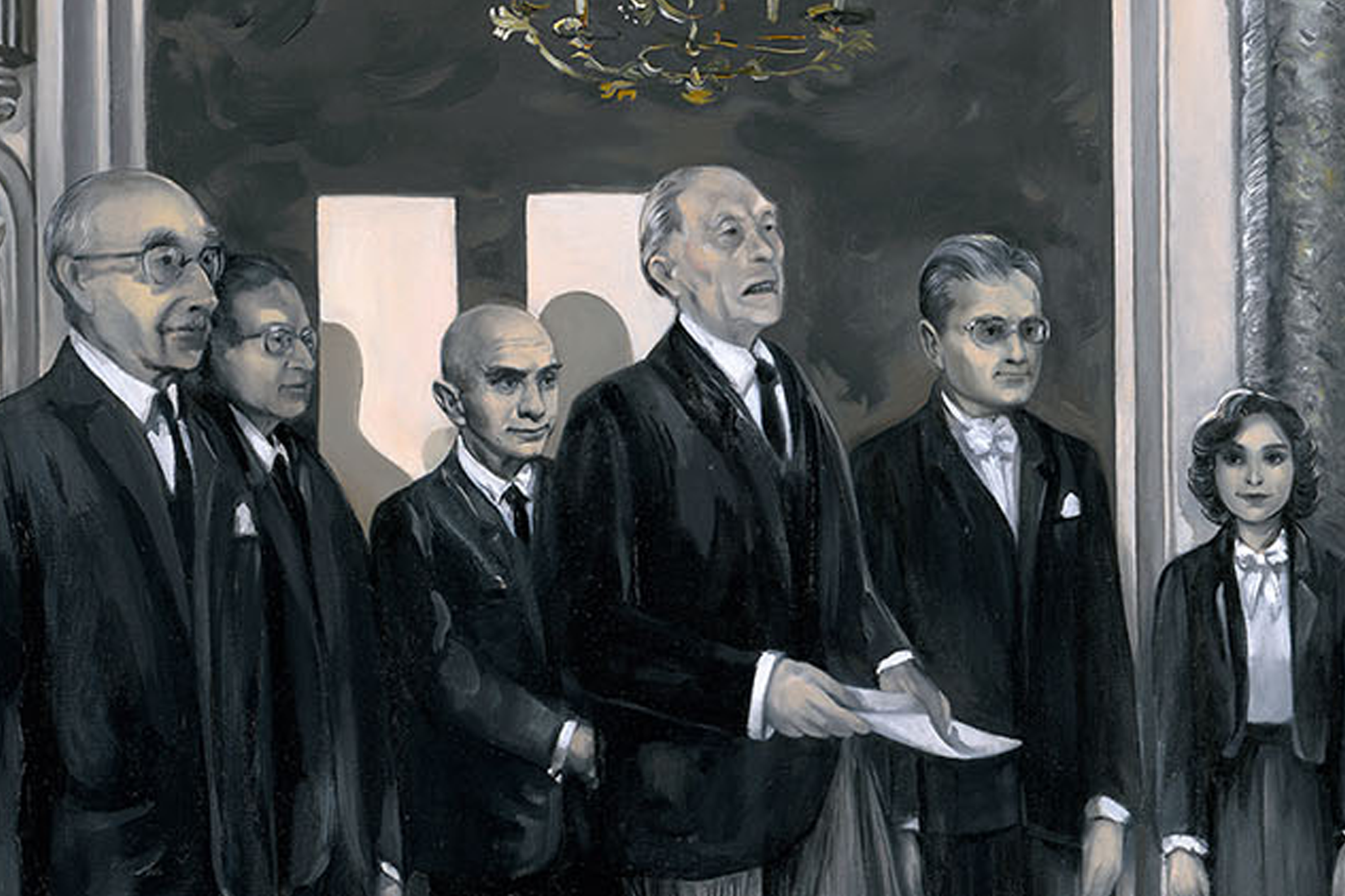 Künstlerische Darstellung von Adenauers „Teppichrede“ am 21. September 1949 Künstlerische Darstellung von Adenauers „Teppichrede“ am 21. September 1949
