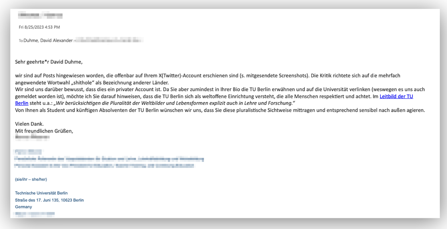 Diese E-Mail schickte eine TU Berlin-Mitarbeiterin am 25. August an David Duhme Diese E-Mail schickte eine TU Berlin-Mitarbeiterin am 25. August an David Duhme
