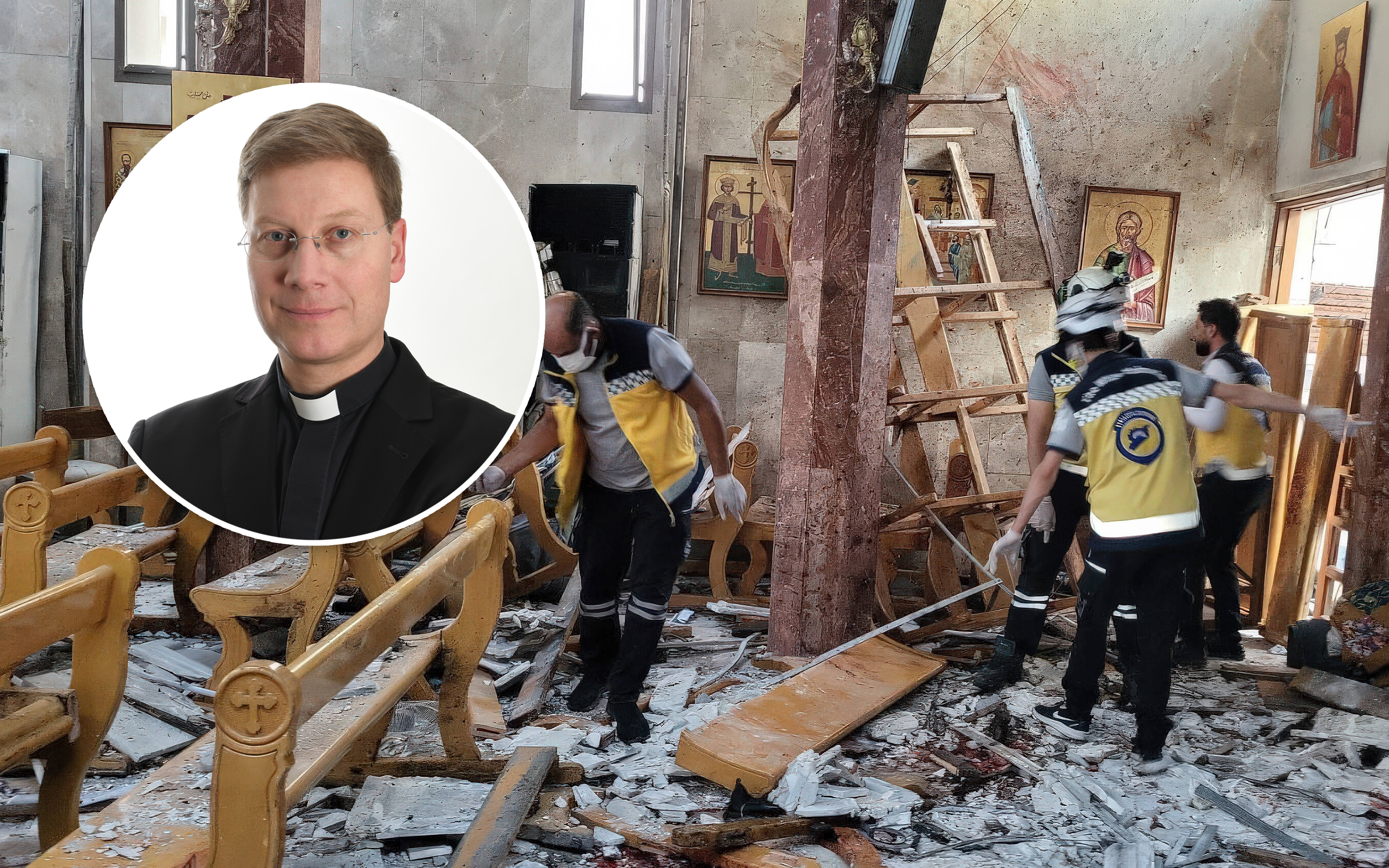 Pfarrer Peter Fuchs / Die St.-Elias-Kirche nach dem Selbstmordanschlag im Juni 2025