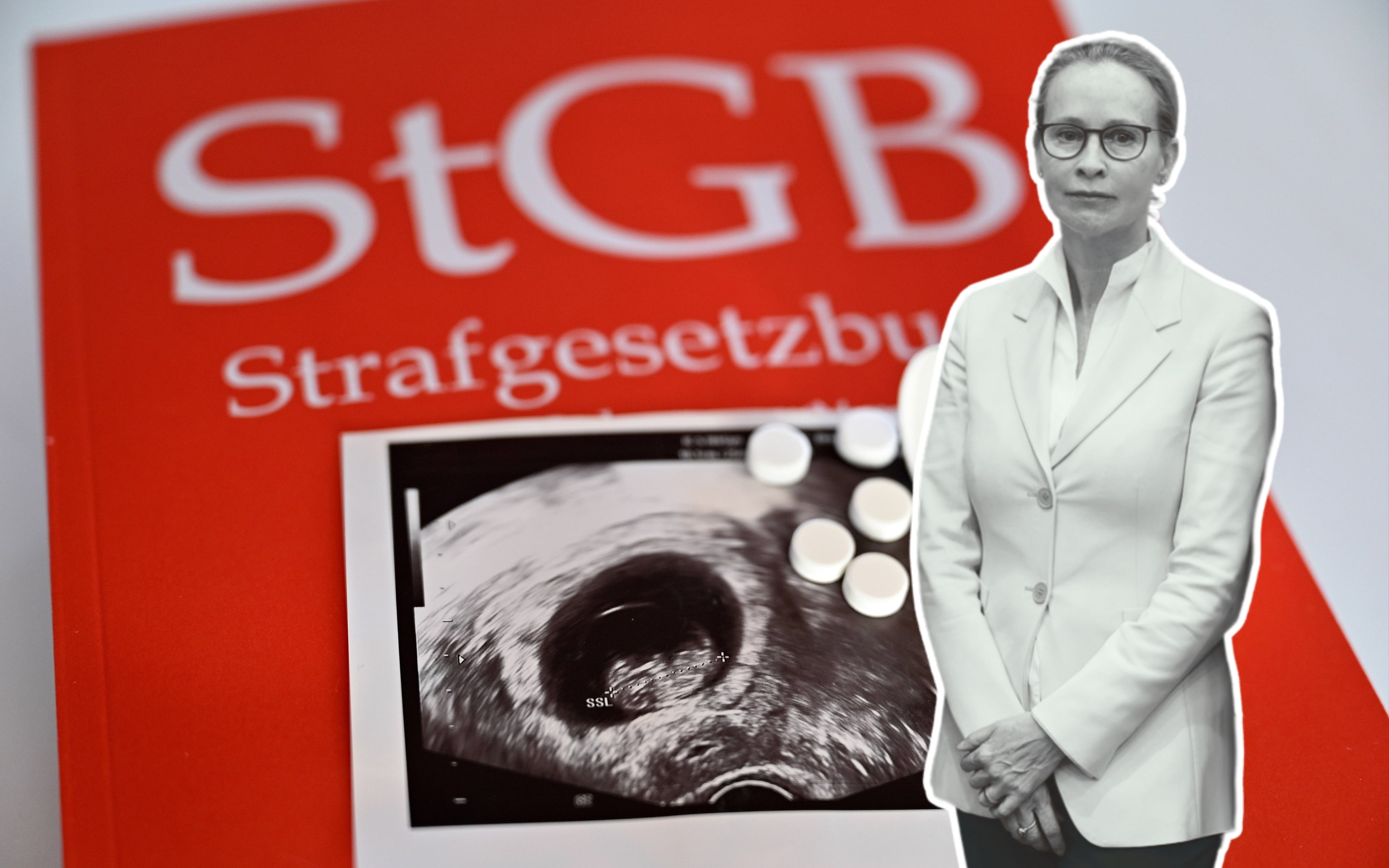 Frauke Brosius-Gersdorf, Strafgesetzbuch, Ultraschallbild eines Fötus, Tabletten als Symbol für die Tötung der Leibesfrucht
