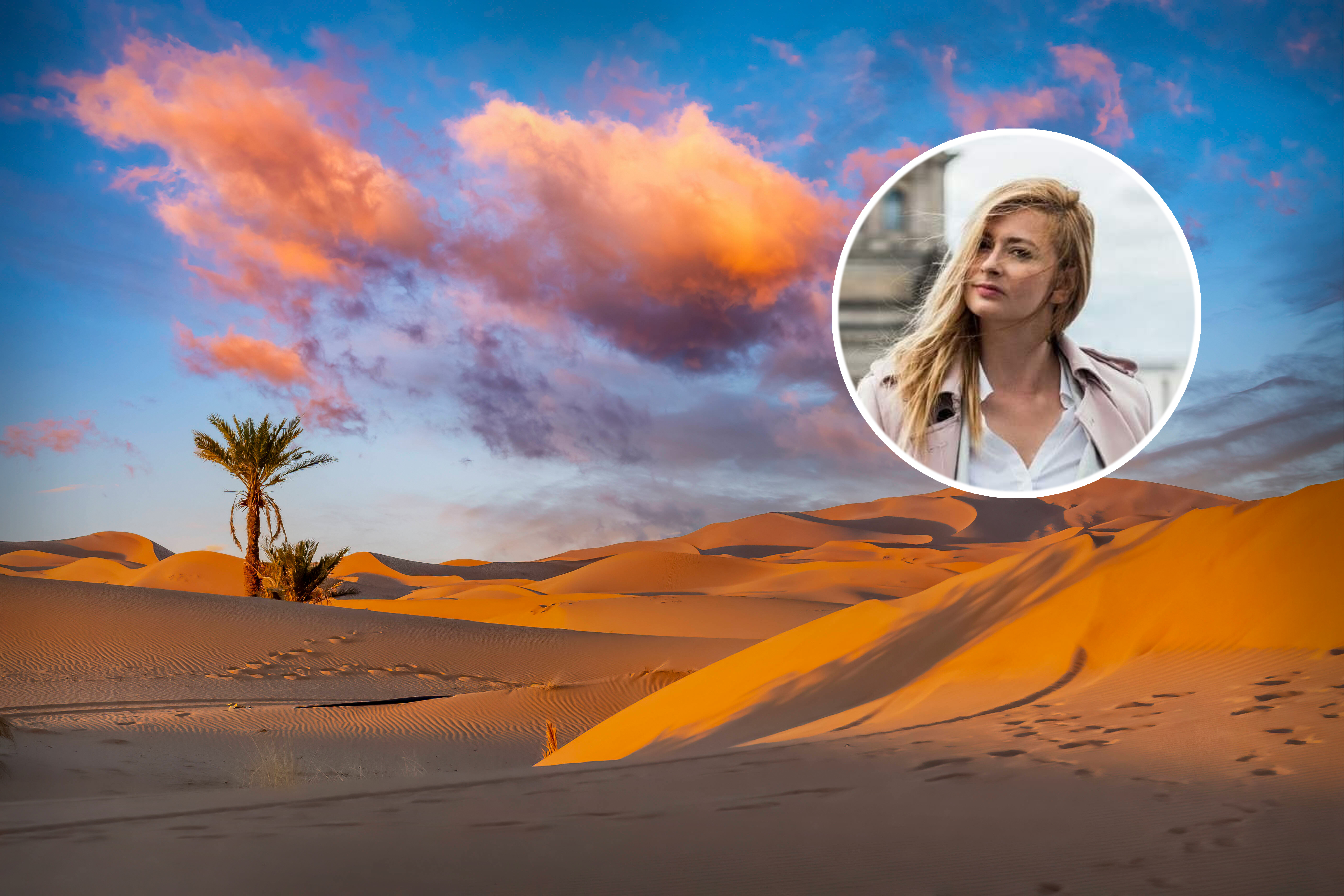 Sahara in Marokko, Autorin Linnéa Findeklee (kleines Bild)