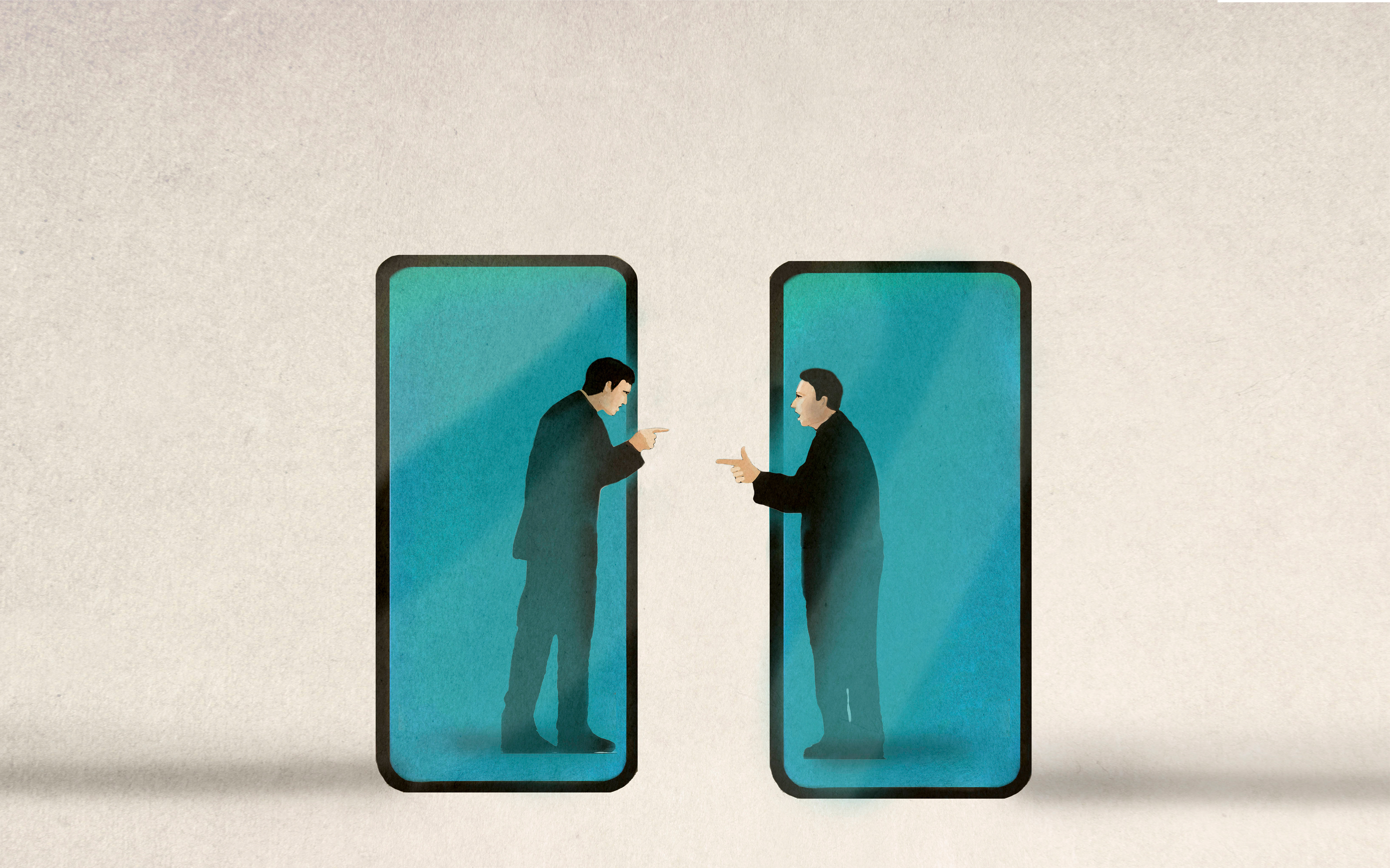 Männer diskutieren in Smartphone, ohne sich zu verstehen, unterschiedliche Realitäten
