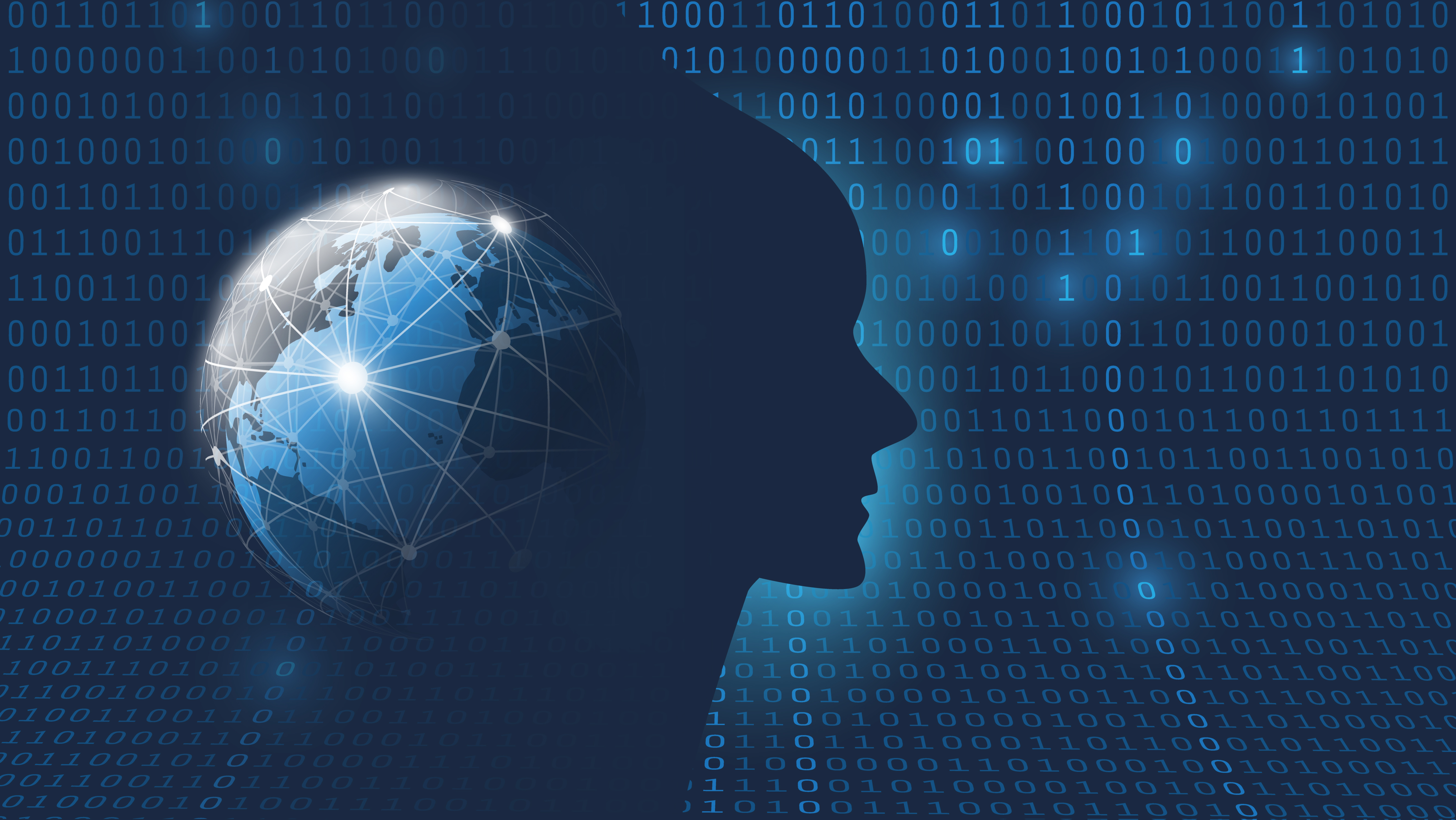 Dunkelblaue 0101-Computer-Networkmaschen, Gesichtssilhouette und Globus