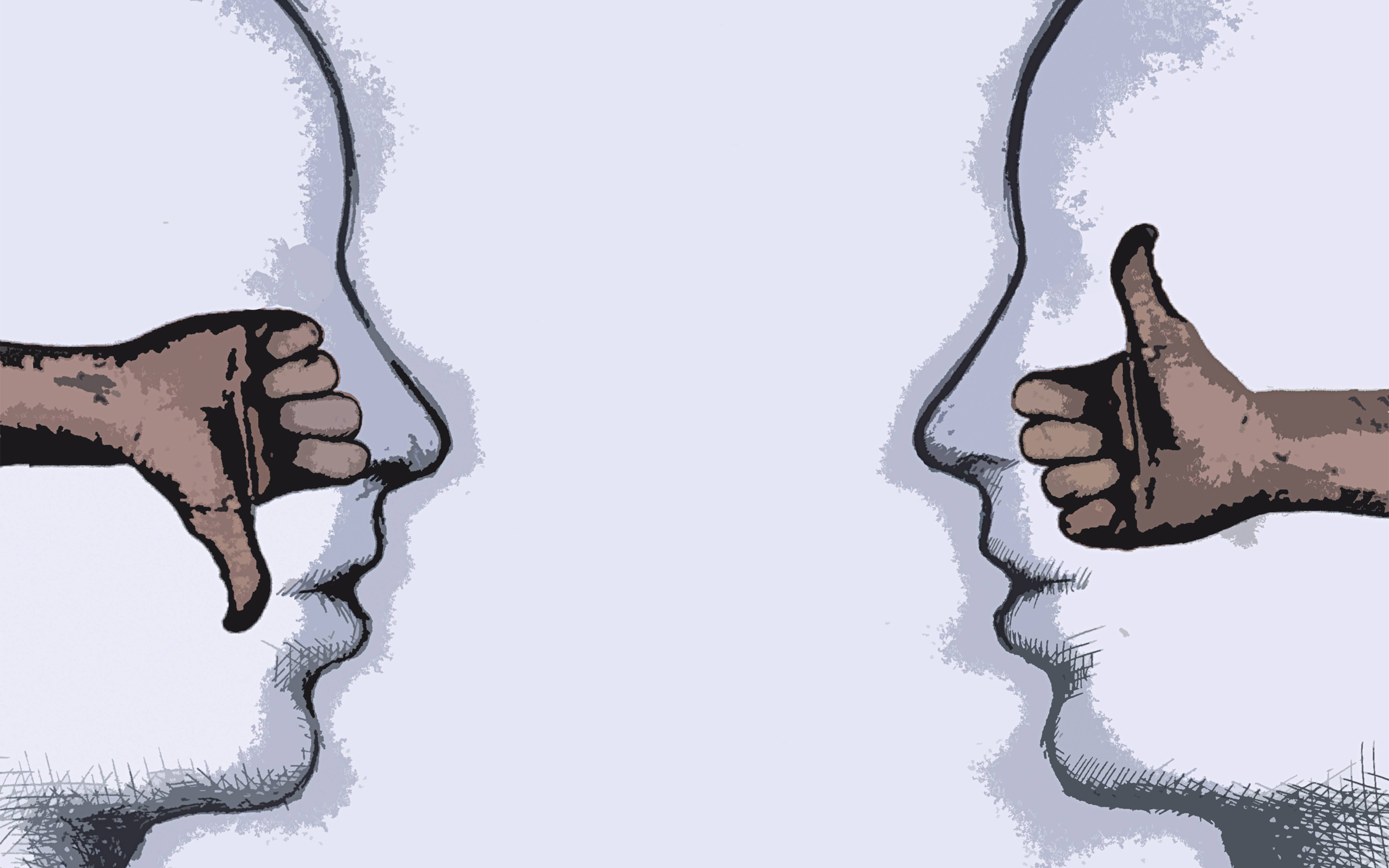 Daumen hoch und Daumen runter in zwei sich gegenüberstehenden Köpfen