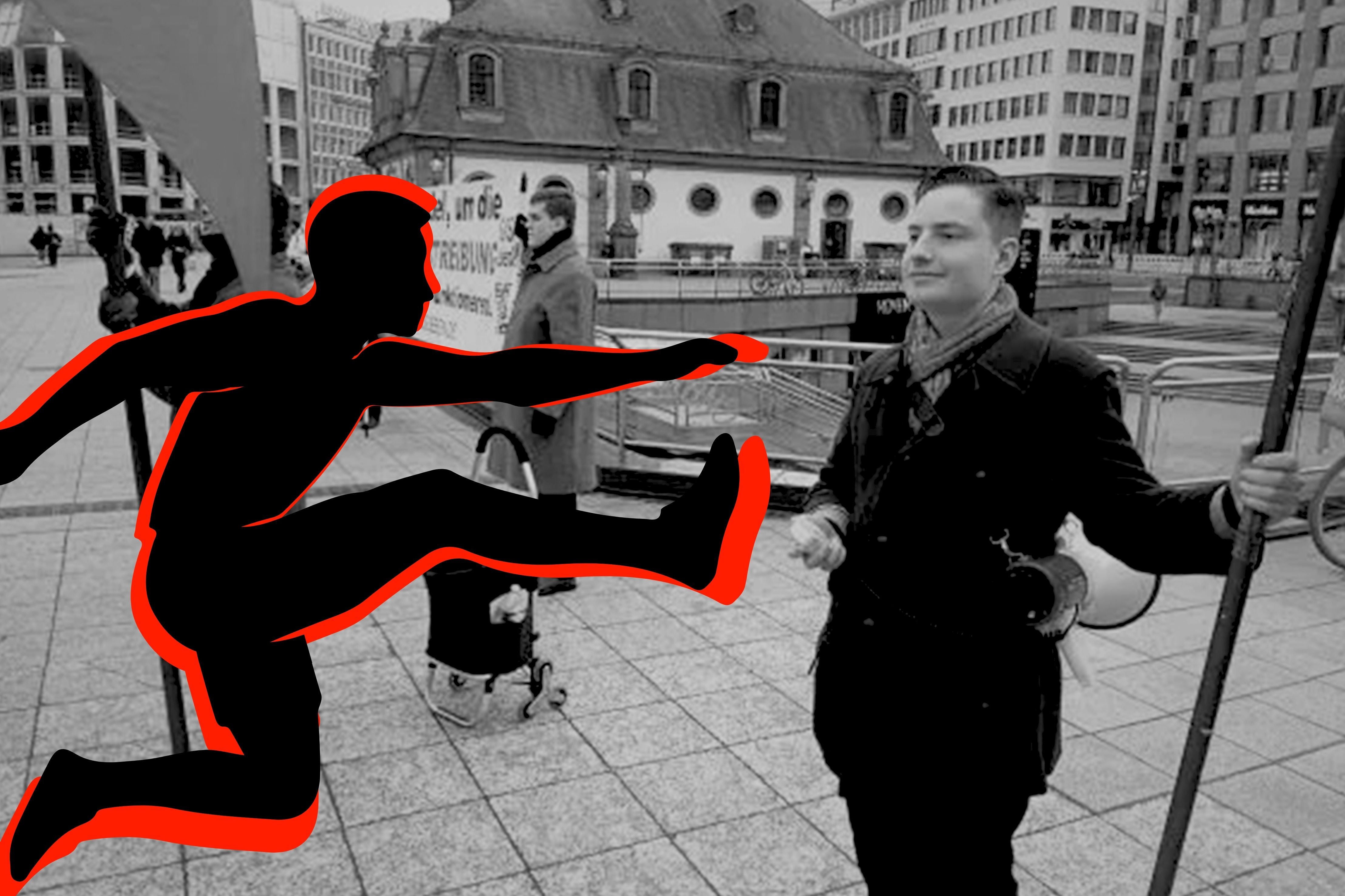 SOS Leben-Aktivist Elias Burow (r.) in Frankfurt am Main 2026, Antifa-Angriff, Montage