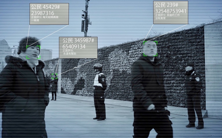 Fotomontage Gesichtserkennung und totale Überwachung in China, Punktesystem, Kameras, Daten, Personen, Bürger, Sozialkreditsystem, Bewegungsprofil