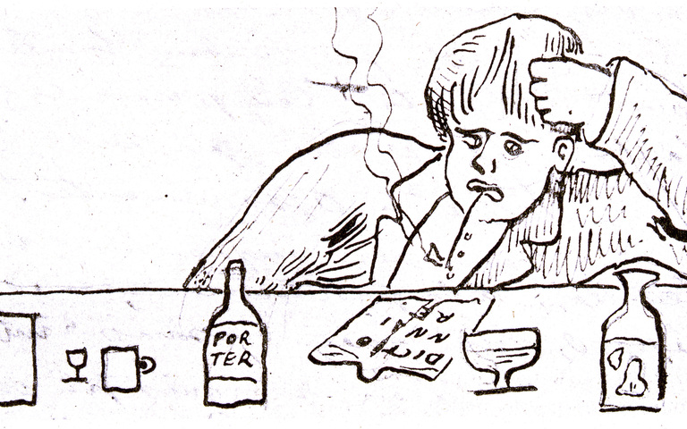 Arthur Rimbaud (1854-1891) bei der Arbeit in einem Bistro, Zeichnung von Paul Verlaine in einem Brief an Delahaye vom 24. August 1875