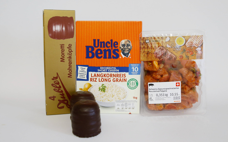 Verpackungen und Produkte Dubler-Mohrenkopf, Schweine-Zigeunergeschnetzeltes und Oncle-Ben’s-Reis