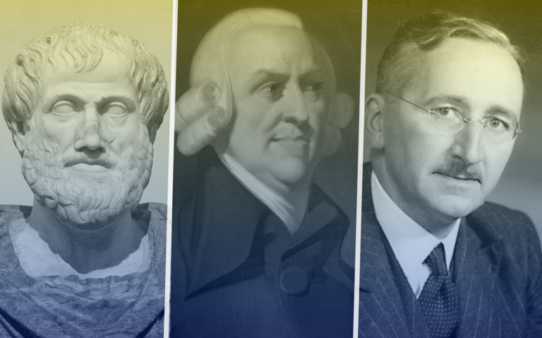 Aristoteles (v.l.n.r.), Adam Smith und Friedrich August von Hayek