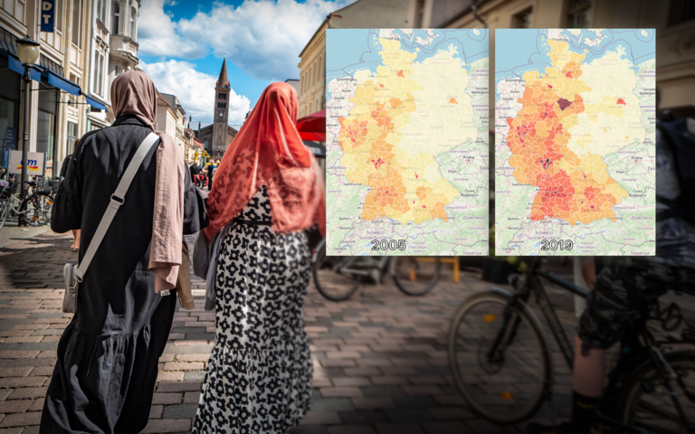 Moslemische Frauen in Potsdam, im Hintergrund die katholische Kirche St. Peter und Paul, Karten zur demographischen Verschiebung