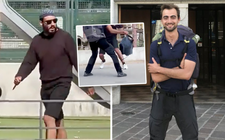 Henri d’Anselme wehrt sich mit seinem Rucksack gegen den syrischen Messermann