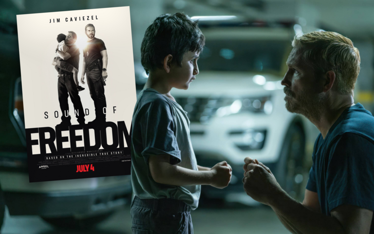 Sound of Freedom, Filmplakat mit Jose Zuniga und Jim Caviezel (v. l.), Jim Caviezel (r., großes Bild), Amazon Prime Video