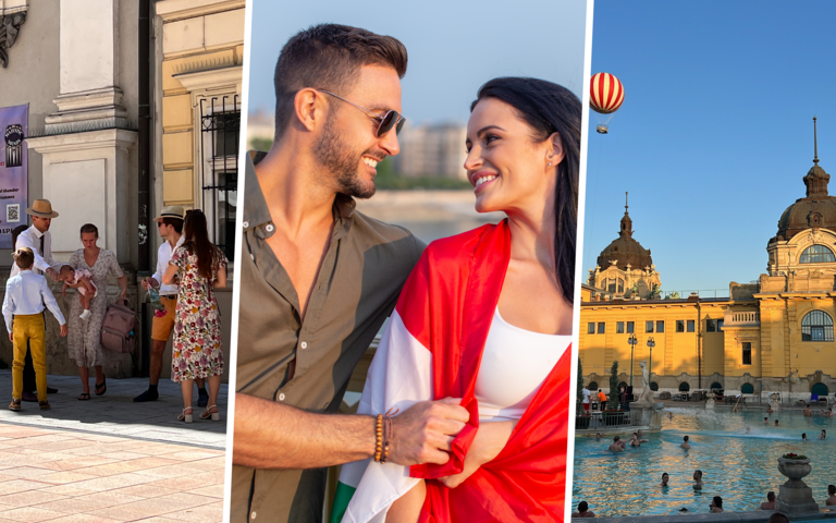 Gut gekleidete Familie vor der Budapester Sankt-Michaels-Kirche, ungarisches Paar (Symbolfoto) und das berühmte Széchenyi-Heilbad in Ungarns Hauptstadt