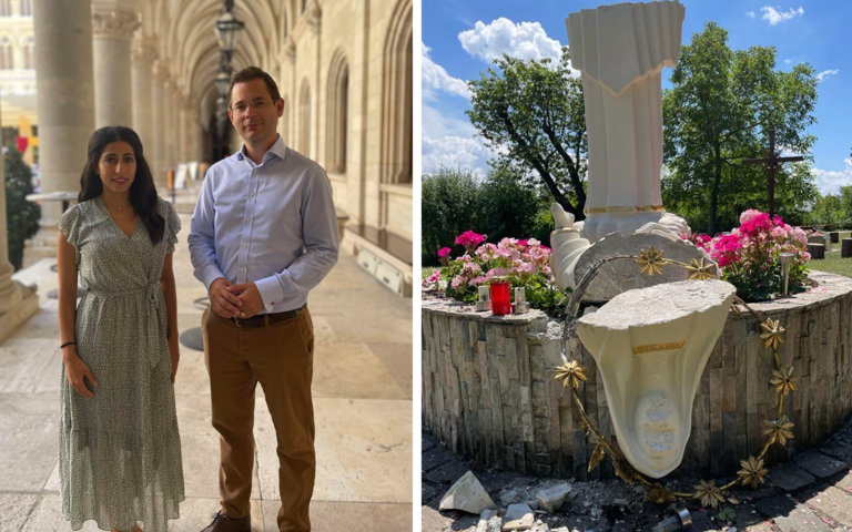 Marina Soliman und Jan Ledochowski (v. l. n. r.) von der Plattform Christdemokratie, zerstörte Marienstatue