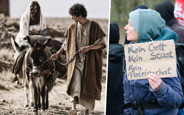 Maria und Josef (l.), Demonstrantin