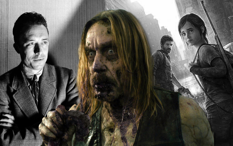 Albert Camus (l.), Zombie aus „The Dead Don’t Die“, Szene aus dem Spiel „The Last of Us“