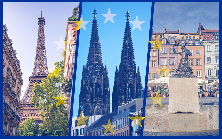 Europäische Sehenswürdigkeiten: Eiffelturm in Paris, Dom zu Köln, Altstadt Warschau