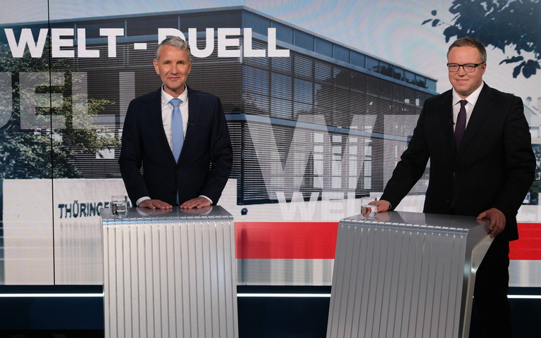 Thüringens AfD-Landeschef Björn Höcke (l.) und CDU-Landeschef Mario Voigt