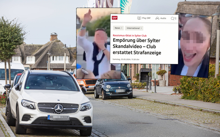 Die Sylter Whisky-Meile, Ausschnitte aus dem Video sowie ein Screenshot eines SRF-Artikels