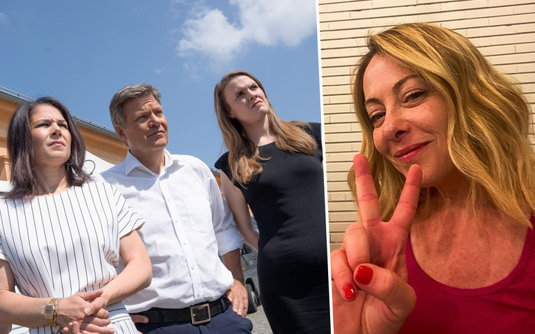 Die Grünen-Spitzenpolitiker Annalena Baerbock, Robert Habeck und Terry Reintke sowie Italiens Ministerpräsidentin Giorgia Meloni (v.l.n.r.)