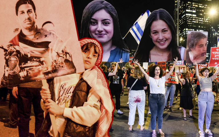 Pro-Hamas-Demonstration in Tunis im April mit Plakat eines palästinensischen Terroristen (l.), Frauen protestieren in Tel Aviv im Mai 2024 gegen Israels Premier Netanjahu und halten Fotos von verschleppten IDF-Soldatinnen hoch