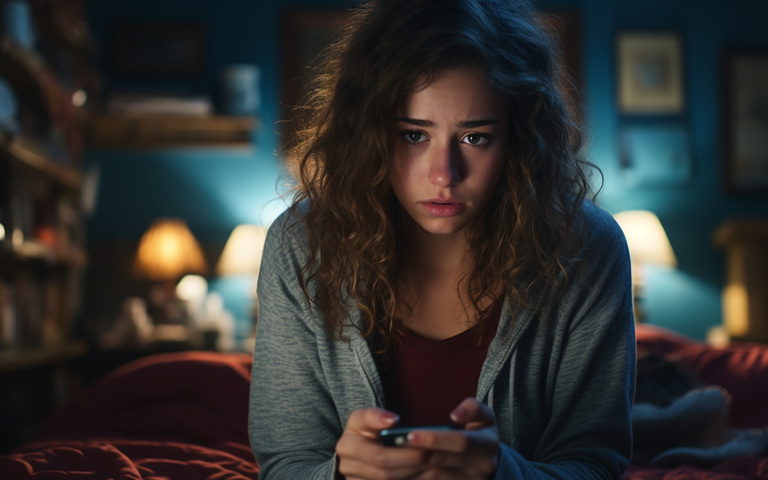 Junge Schwangere im Konflikt mit Smartphone, dramatisch