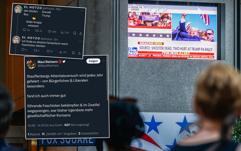 Passanten sehen Nachrichten über das Trump-Attentat, Medienschaffende äußern Missfallen über lediglich leichte Verletzungen