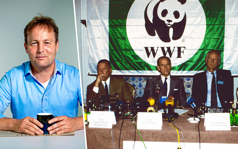 Buchautor Axel Bojanowski (kl. Bild), WWF-Ehrenpräsident Prinz Philip (M.) zwischen CDU-Politiker Casimir Prinz zu Sayn Wittgenstein Berleburg (l.) und Vorstandschef des WWF Deutschland, Carl-Albrecht von Treuenfels, bei WWF-Deutschlandtreffen, Bonn 1992