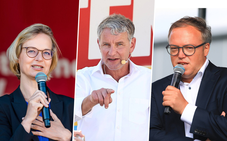 Katja Wolf (BSW), Björn Höcke (AfD, m.) und Mario Voigt (CDU)