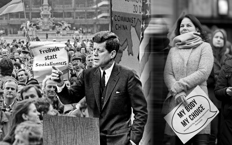 Kundgebung der DSU unter dem Motto „Freiheit statt Sozialismus“ 1990 in Leipzig (l.), der damalige US-Präsident John F. Kennedy 1961 in Laos (M.) und die heutige Bundesaußenministerin Annalena Baerbock (Grüne) 2019 auf einer Kundgebung von verschiedenen Frauenorganisationen in Berlin