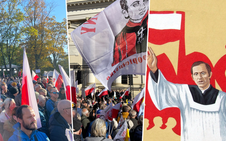 Tausende gedenken dem Priester Jerzy Popiełuszko, der heute vor 40 Jahren den Märtyrertod starb, rechts: Solidarność-Banner