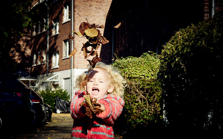 Herbst: Das Töchterchen will die gefallenen Blätter wieder zurück an die Bäume werfen – und wir helfen ihr dabei