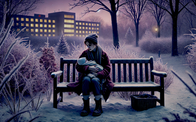 Junge Mutter mit ihrem Neugeborenen auf dem Arm auf einer winterlichen Bank im Park vor einem Krankenhaus (KI-Bild)