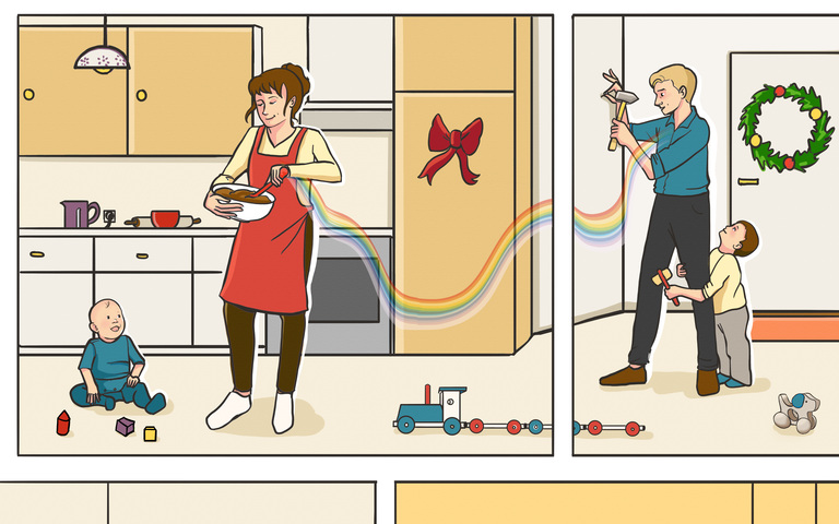 Ehemann und Ehefrau zusammen in einer Wohnung mit zwei kleinen Kindern