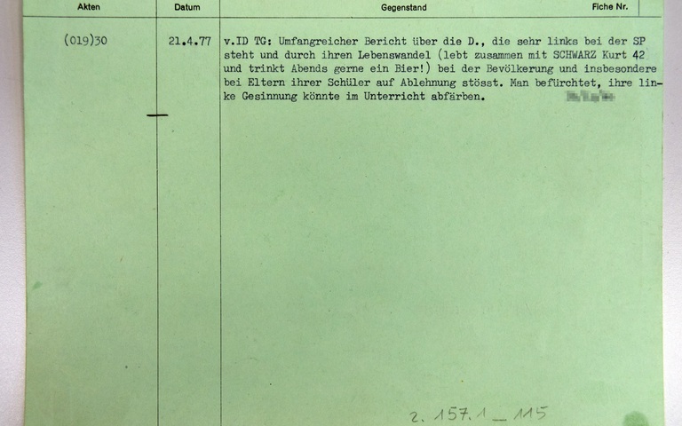 Staatschutzfiche der Schweizer Nationalrätin Menga Danuser, 1977, CH