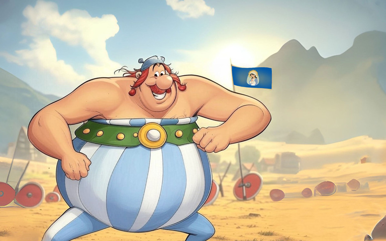 Obelix-Collage in einer Zeit n. Chr. mit der Fahne der Muttergottes