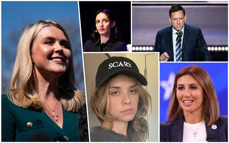 Karoline Leavitt (v.l.n.r.), Anna Khachiyan, Dasha Nekrasova, Peter Thiel, und Alina Habba