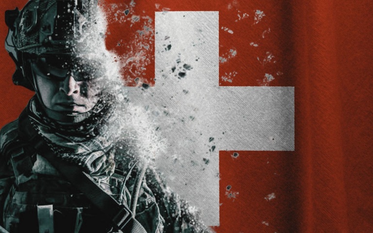 Soldat vor Schweizerfahne