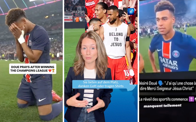 PSG-Star Désiré Doué (l. und r.) und „Tagesschau“-Moderatorin Amelie Marie Weber