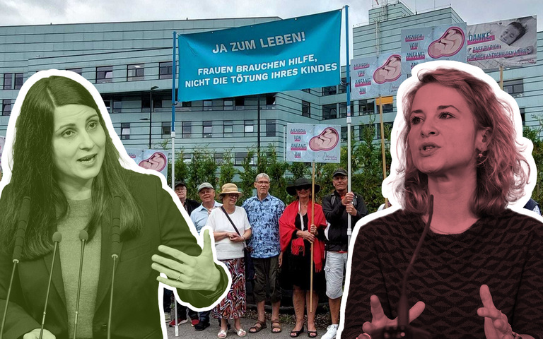 Meri Disoski (Grüne, l.) und Bundesfrauenministerin Eva-Maria Holzleitner (SPÖ) / Pro-Life-Kundgebung vor Landeskrankenhaus Bregenz