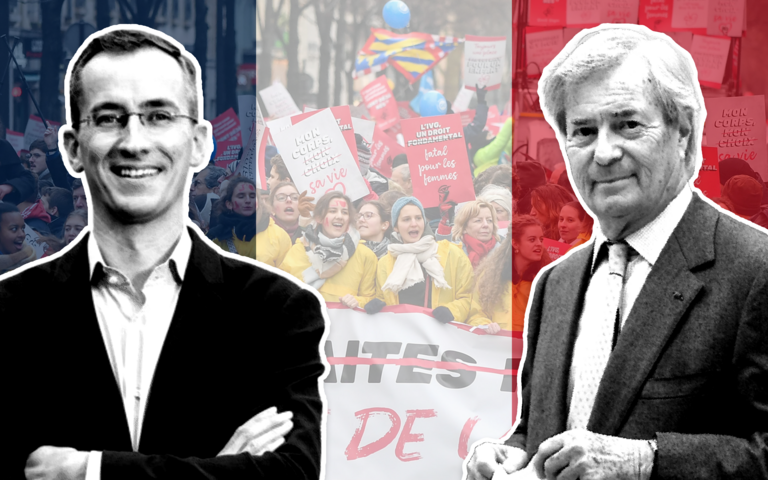 Pierre-Édouard Stérin (l.), Vincent Bolloré (r.), der beim Marsch fürs Leben in Paris 2025 auftrat