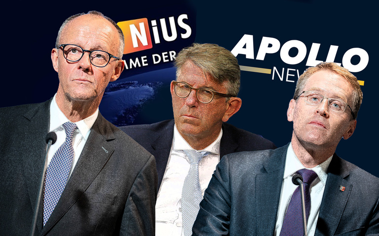 Bundeskanzler Friedrich Merz (v.l.n.r.), Kulturstaatsminister Wolfram Weimer und Schleswig-Holsteins Ministerpräsident Daniel Günther (CDU)