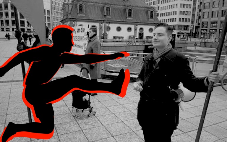 SOS Leben-Aktivist Elias Burow (r.) in Frankfurt am Main 2026, Antifa-Angriff, Montage