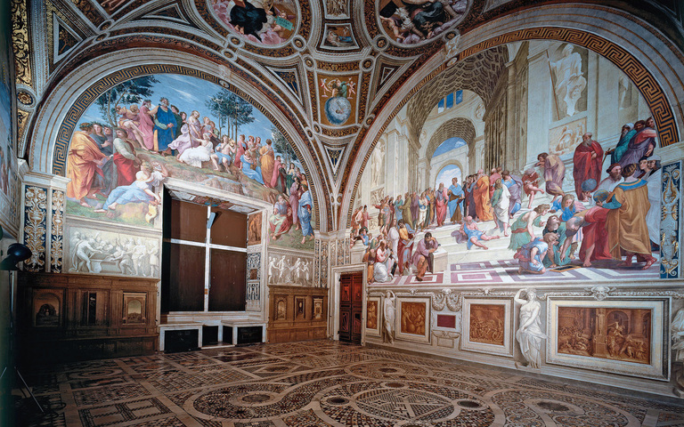 „Parnass” und „Die Schule von Athen” von Raffael in der Stanza della Segnatura im Vatikan