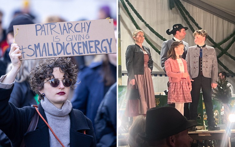 Linke Berliner Demonstrantin, bayerische Familie in Tracht