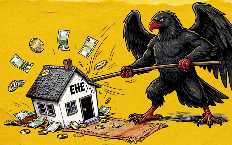 Bundesadler schlägt mit Stock gegen Ehe-Häuschen, um Geld zu gewinnen
